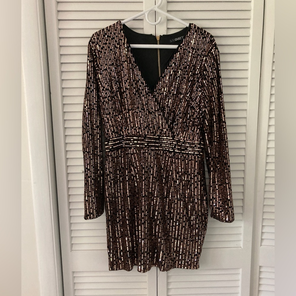 Women's Quiz Black with Gold Sequin Embellished Evening Dress, Poly, Size 12